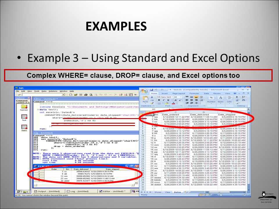 Copyright 2009 EXAMPLES Example 3 – Using Standard and Excel Options Complex WHERE= clause, DROP= clause, and Excel options too