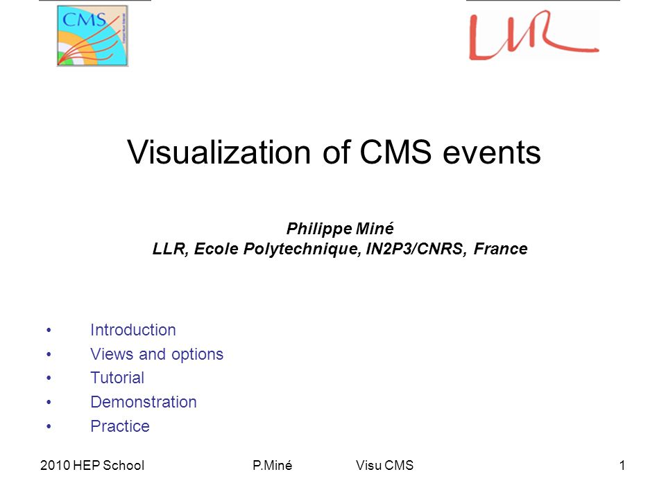 P.Miné Visu CMS1 Philippe Miné LLR, Ecole Polytechnique, IN2P3/CNRS, France Introduction Views and options Tutorial Demonstration Practice Visualization of CMS events 2010 HEP School