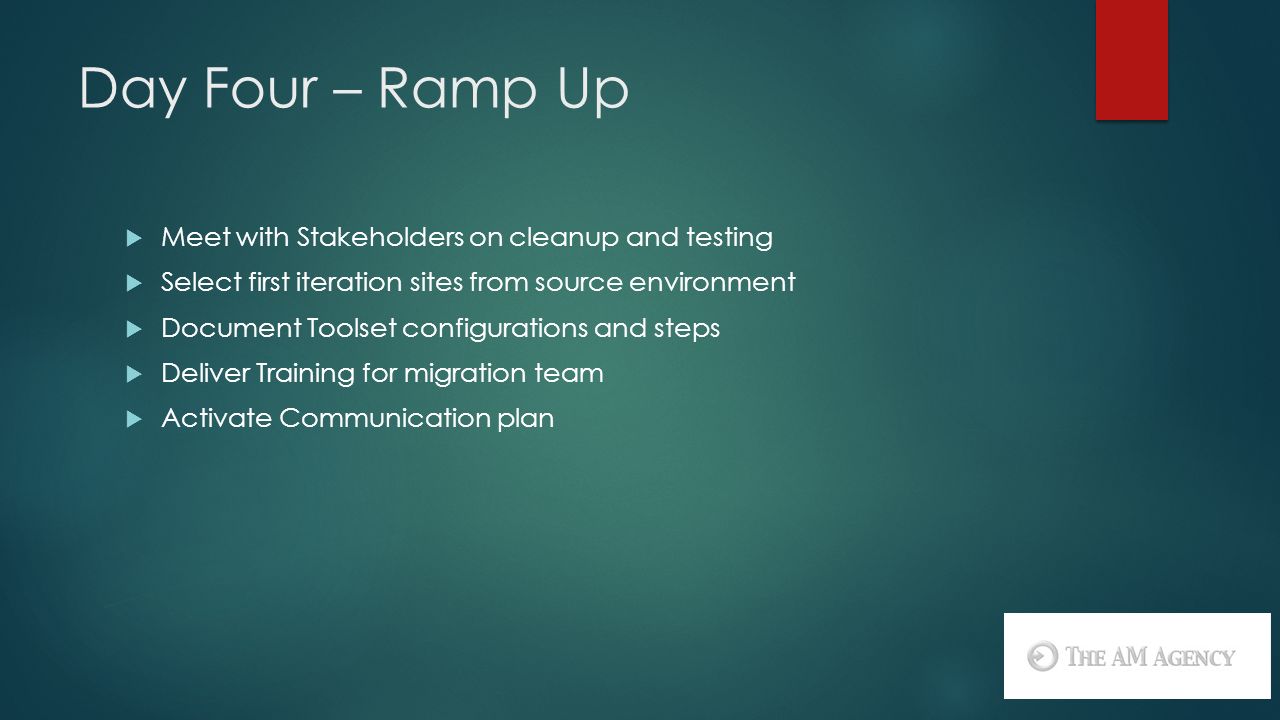 Day Four – Ramp Up  Meet with Stakeholders on cleanup and testing  Select first iteration sites from source environment  Document Toolset configurations and steps  Deliver Training for migration team  Activate Communication plan