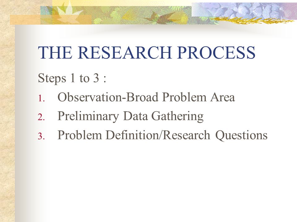 RESEARCH PROCESS STEP 1 : 6. THE RESEARCH PROCESS Steps 1 to 3 : 1.  Observation-Broad Problem Area 2. Preliminary Data Gathering 3. Problem  Definition/Research. - ppt download