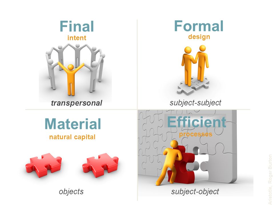 Energy Material objects subject-object Efficient Final transpersonal Formal subject-subject Aristotle, Roger Burton natural capital processes design intent