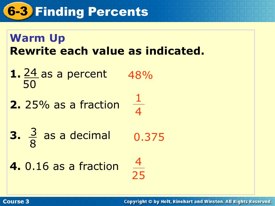 Course Finding Percents Warm Up Rewrite Each Value As