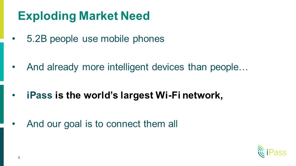 Exploding Market Need 5.2B people use mobile phones And already more intelligent devices than people… iPass is the world’s largest Wi-Fi network, And our goal is to connect them all 4