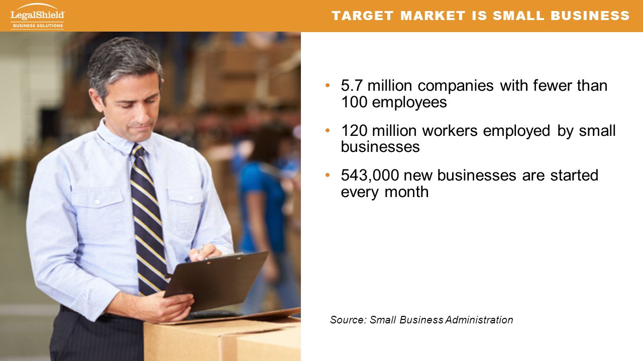 million companies with fewer than 100 employees 120 million workers employed by small businesses 543,000 new businesses are started every month TARGET MARKET IS SMALL BUSINESS Source: Small Business Administration