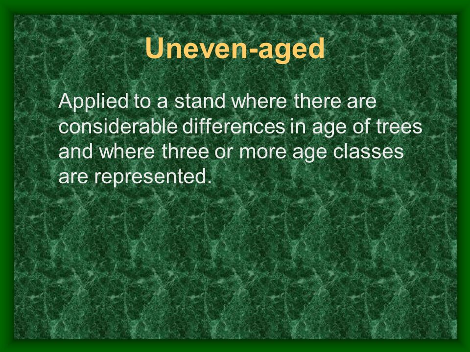 Uneven ‑ aged Applied to a stand where there are considerable differences in age of trees and where three or more age classes are represented.