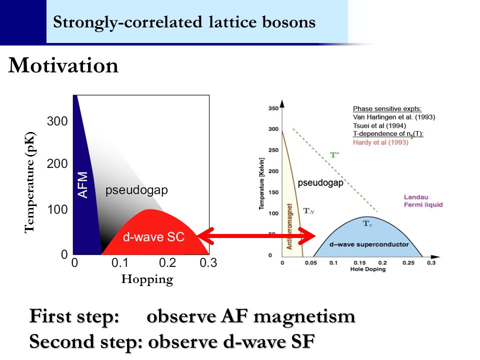 Strongly-correlated lattice bosons First step: observe AF magnetism Second step: observe d-wave SF SF Temperature (pK) Hopping Motivation