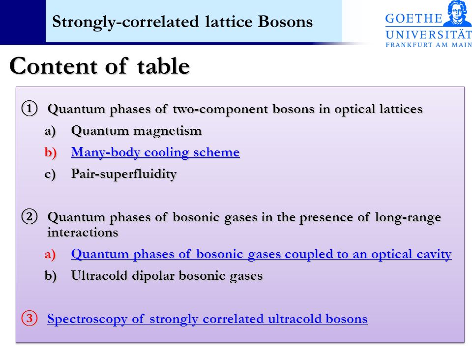 Strongly-correlated lattice Bosons Content of table ① Quantum phases of two-component bosons in optical lattices a)Quantum magnetism b)Many-body cooling scheme Many-body cooling schemeMany-body cooling scheme c)Pair-superfluidity ② Quantum phases of bosonic gases in the presence of long-range interactions a)Quantum phases of bosonic gases coupled to an optical cavity Quantum phases of bosonic gases coupled to an optical cavityQuantum phases of bosonic gases coupled to an optical cavity b)Ultracold dipolar bosonic gases ③ Spectroscopy of strongly correlated ultracold bosons Spectroscopy of strongly correlated ultracold bosons Spectroscopy of strongly correlated ultracold bosons ① Quantum phases of two-component bosons in optical lattices a)Quantum magnetism b)Many-body cooling scheme Many-body cooling schemeMany-body cooling scheme c)Pair-superfluidity ② Quantum phases of bosonic gases in the presence of long-range interactions a)Quantum phases of bosonic gases coupled to an optical cavity Quantum phases of bosonic gases coupled to an optical cavityQuantum phases of bosonic gases coupled to an optical cavity b)Ultracold dipolar bosonic gases ③ Spectroscopy of strongly correlated ultracold bosons Spectroscopy of strongly correlated ultracold bosons Spectroscopy of strongly correlated ultracold bosons