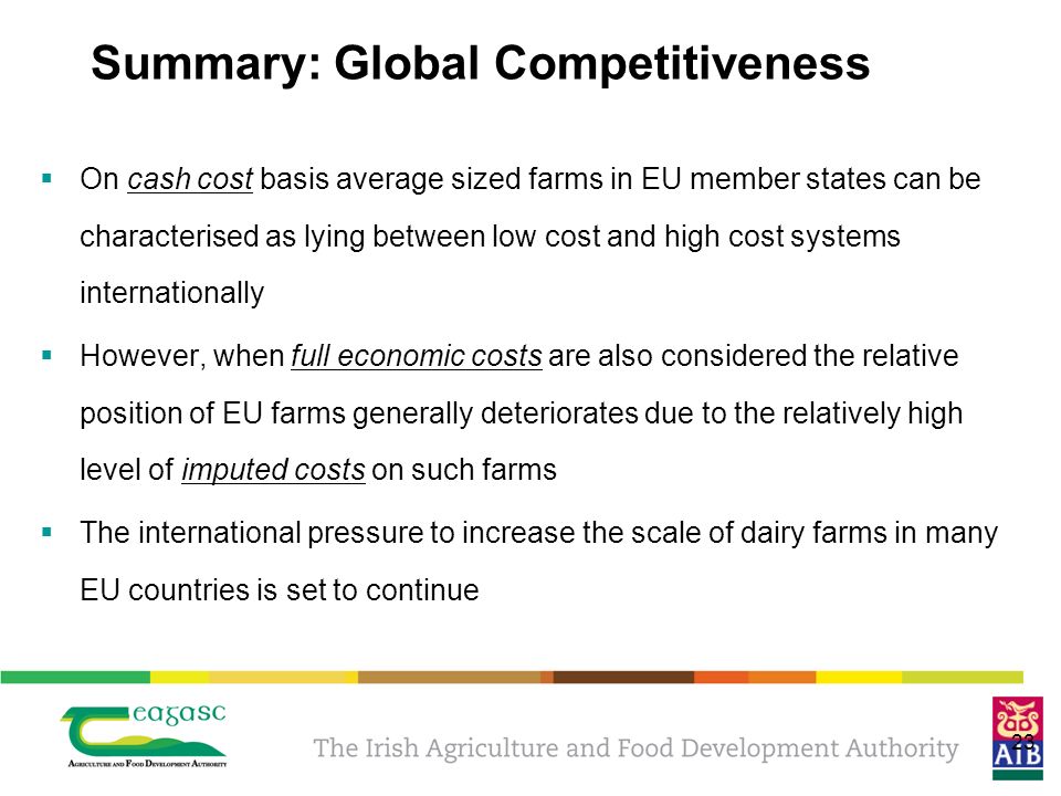23 Summary: Global Competitiveness  On cash cost basis average sized farms in EU member states can be characterised as lying between low cost and high cost systems internationally  However, when full economic costs are also considered the relative position of EU farms generally deteriorates due to the relatively high level of imputed costs on such farms  The international pressure to increase the scale of dairy farms in many EU countries is set to continue