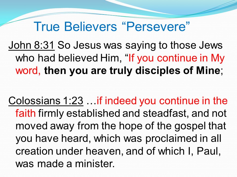 True Believers Persevere John 8:31 So Jesus was saying to those Jews who had believed Him, If you continue in My word, then you are truly disciples of Mine; Colossians 1:23 …if indeed you continue in the faith firmly established and steadfast, and not moved away from the hope of the gospel that you have heard, which was proclaimed in all creation under heaven, and of which I, Paul, was made a minister.