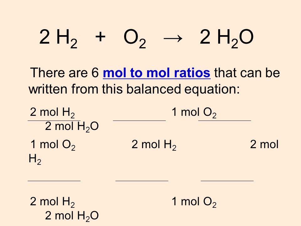 Mol ratio: coefficients of a balanced equation 2 H 2 + O 2 → 2 H 2 O 2 mol  H 2 for every 1 mol O 2 In chemical calculations, mol ratios convert moles  of. - ppt download