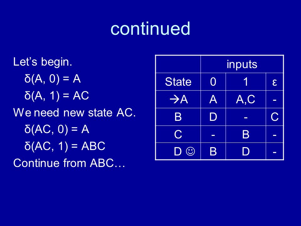 continued Let’s begin. δ(A, 0) = A δ(A, 1) = AC We need new state AC.