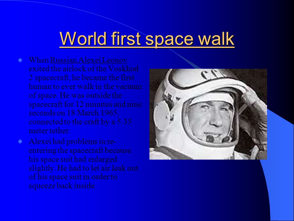 Space walk. World first space walk When Russian Alexei Leonov exited the airlock of the Voskhod 2 spacecraft, he became the first human to ever walk in. - ppt download