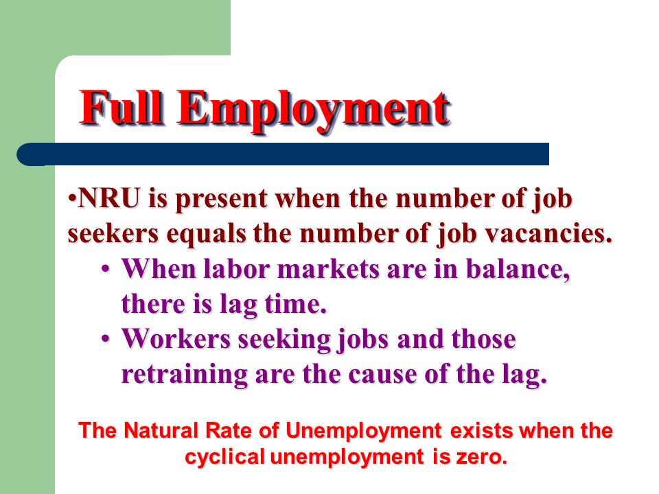 Full Employment NRU is present when the number of job seekers equals the number of job vacancies.NRU is present when the number of job seekers equals the number of job vacancies.