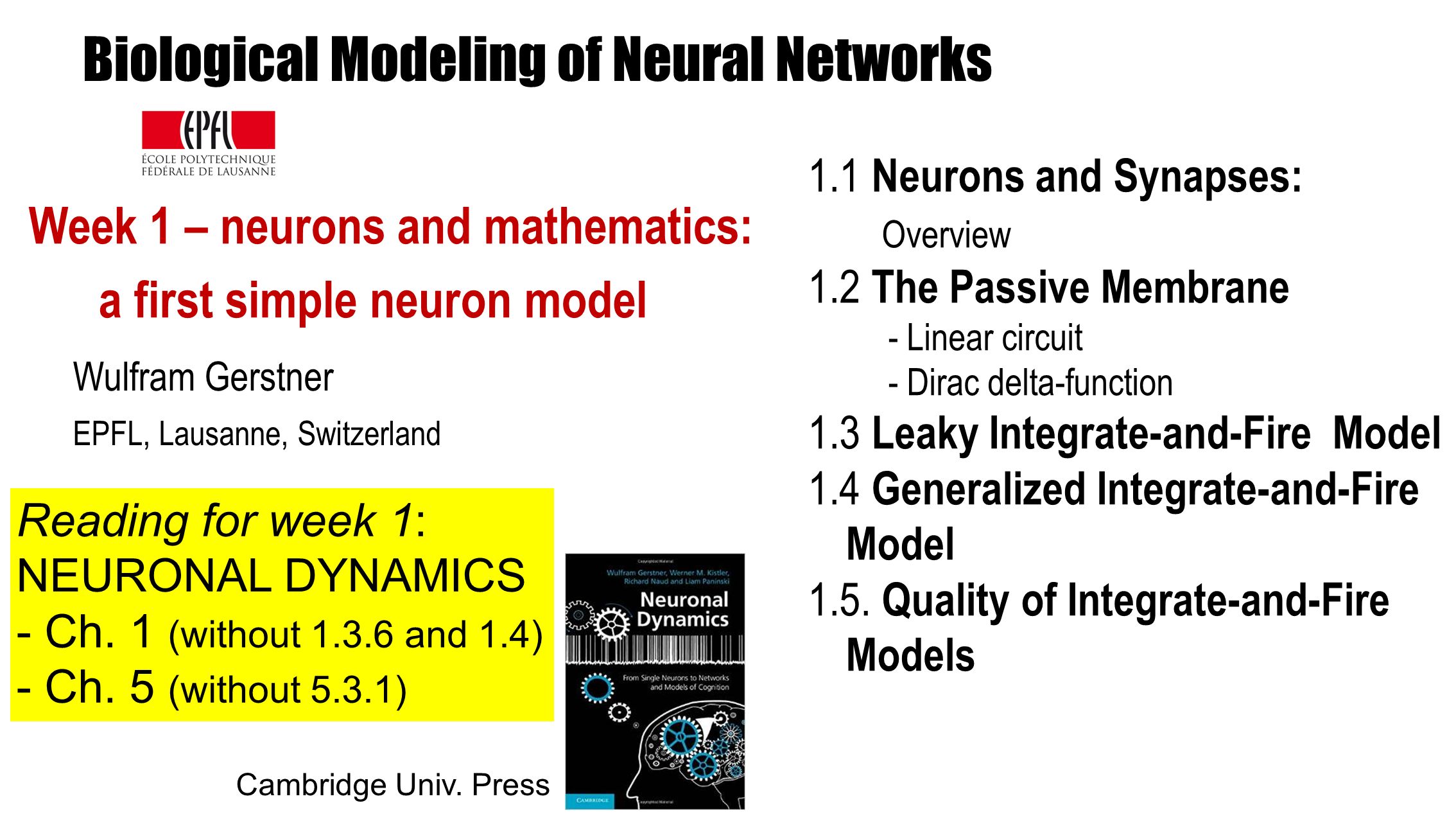 Week 1 – neurons and mathematics: a first simple neuron model Wulfram Gerstner EPFL, Lausanne, Switzerland 1.1 Neurons and Synapses: Overview 1.2 The Passive Membrane - Linear circuit - Dirac delta-function 1.3 Leaky Integrate-and-Fire Model 1.4 Generalized Integrate-and-Fire Model 1.5.
