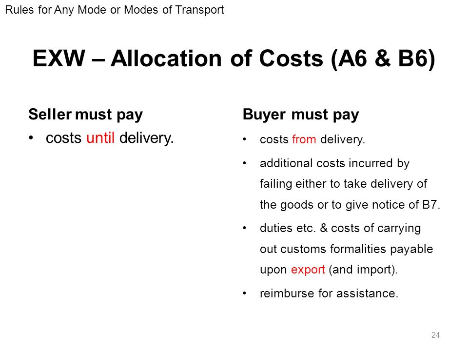 EXW – Allocation of Costs (A6 & B6) Seller must pay costs until delivery.