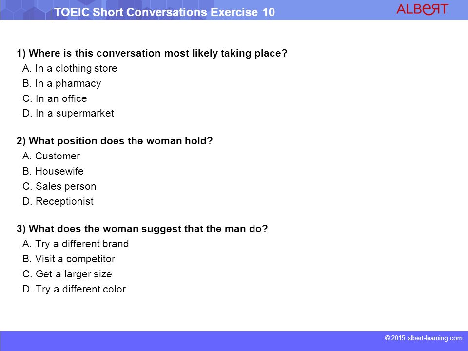 2015 albert-learning.com TOEIC Short Conversations Exercise 10 SHORT  CONVERSATIONS Exercise ppt download