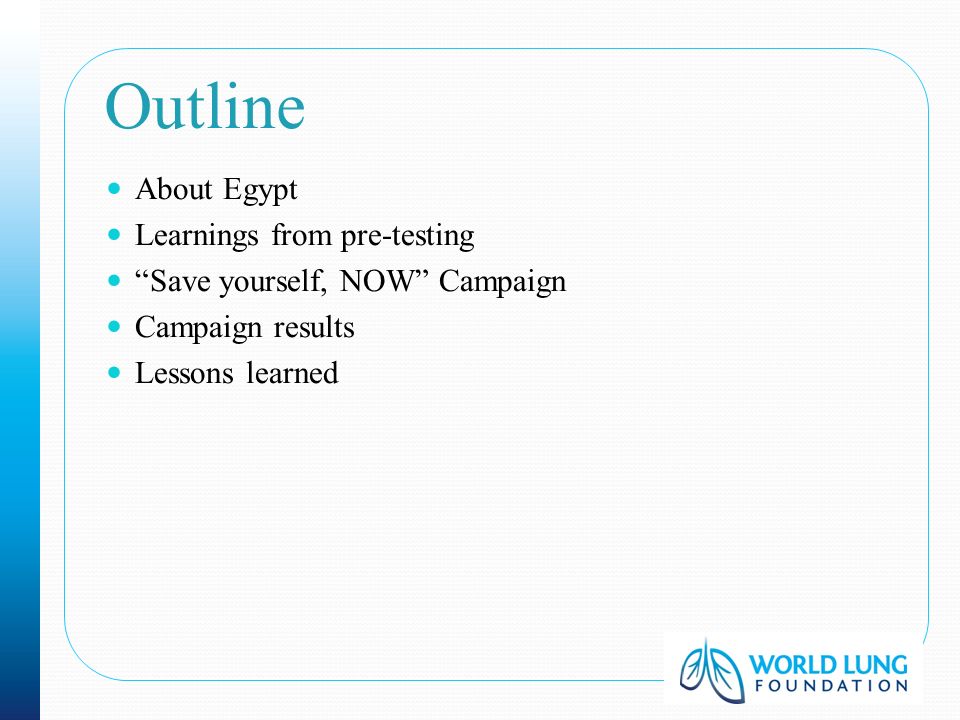 Outline About Egypt Learnings from pre-testing Save yourself, NOW Campaign Campaign results Lessons learned