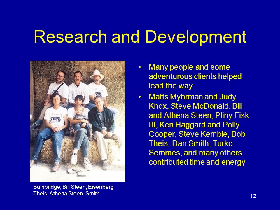 12 Research and Development Many people and some adventurous clients helped lead the way Matts Myhrman and Judy Knox, Steve McDonald.