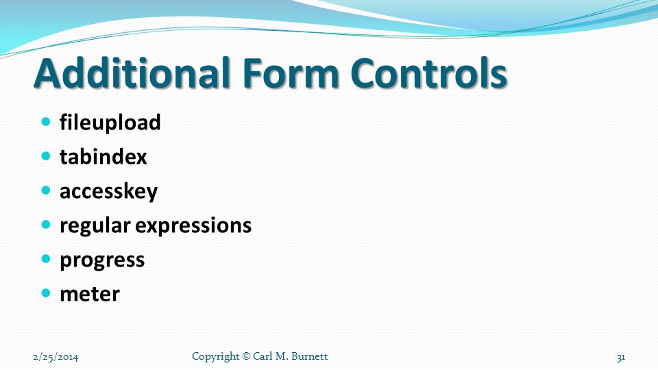 Additional Form Controls fileupload tabindex accesskey regular expressions progress meter 2/25/2014Copyright © Carl M.