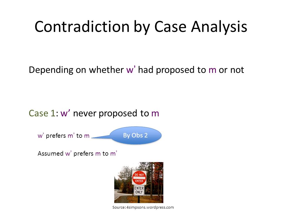 Contradiction by Case Analysis Depending on whether w’ had proposed to m or not Case 1: w’ never proposed to m w’ prefers m’ to m Assumed w’ prefers m to m’ Source: 4simpsons.wordpress.com By Obs 2