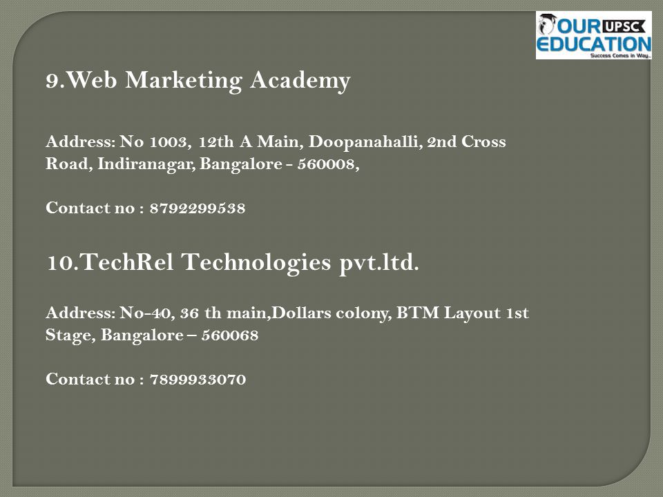 9.Web Marketing Academy Address: No 1003, 12th A Main, Doopanahalli, 2nd Cross Road, Indiranagar, Bangalore , Contact no : TechRel Technologies pvt.ltd.