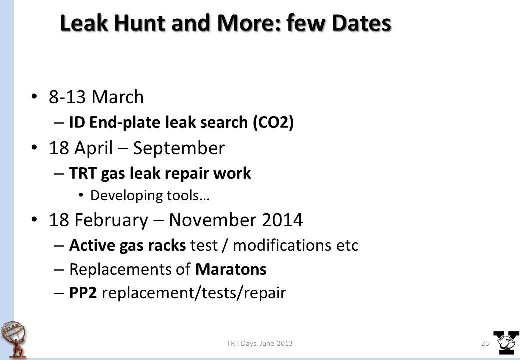 8-13 March – ID End-plate leak search (CO2) 18 April – September – TRT gas leak repair work Developing tools… 18 February – November 2014 – Active gas racks test / modifications etc – Replacements of Maratons – PP2 replacement/tests/repair TRT Days, June
