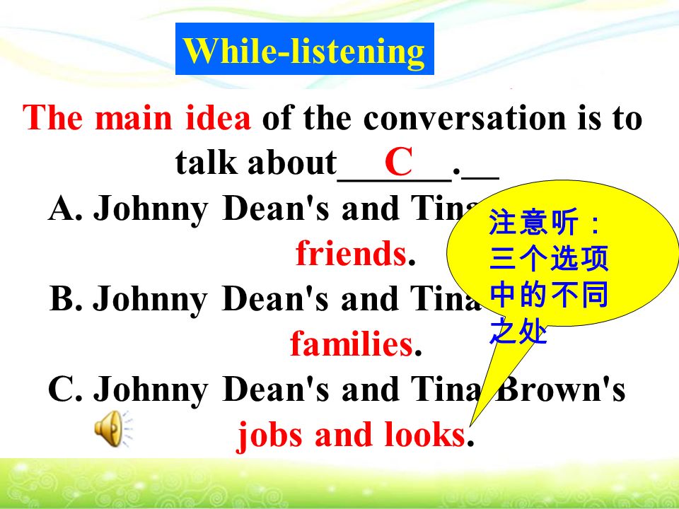 Listen for the general idea( 听取大意 ) The main idea of the conversation is to talk about______.