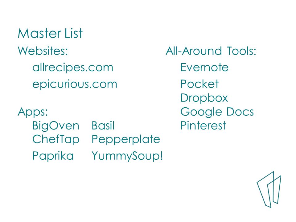 Master List Websites: All-Around Tools: allrecipes.comEvernote epicurious.comPocket Dropbox Apps:Google Docs BigOvenBasilPinterest ChefTapPepperplate PaprikaYummySoup!