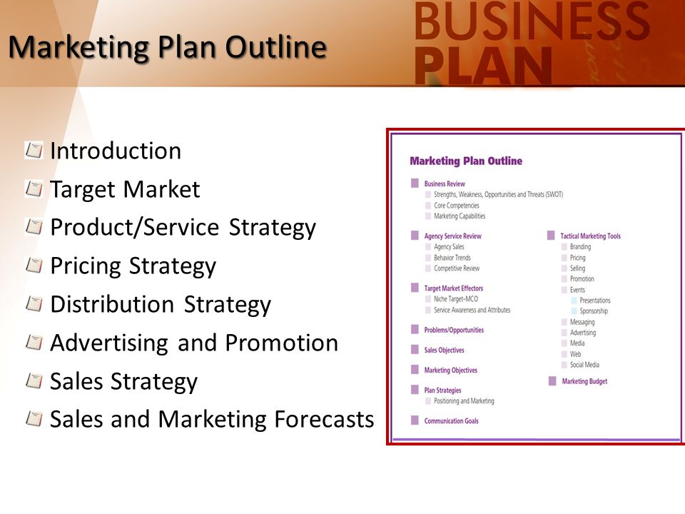 Marketing Plan Outline Introduction Target Market Product/Service Strategy Pricing Strategy Distribution Strategy Advertising and Promotion Sales Strategy Sales and Marketing Forecasts