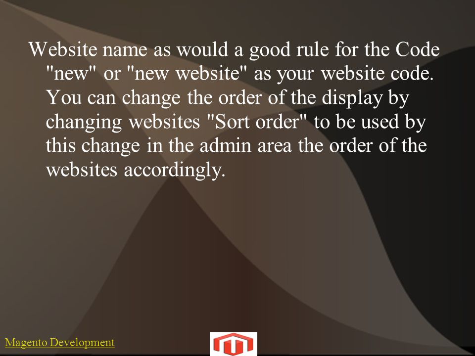 Magento Development Website name as would a good rule for the Code new or new website as your website code.
