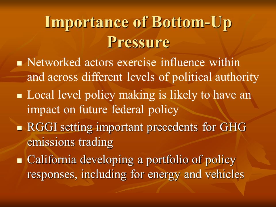 Importance of Bottom-Up Pressure Networked actors exercise influence within and across different levels of political authority Local level policy making is likely to have an impact on future federal policy RGGI setting important precedents for GHG emissions trading RGGI setting important precedents for GHG emissions trading California developing a portfolio of policy responses, including for energy and vehicles California developing a portfolio of policy responses, including for energy and vehicles