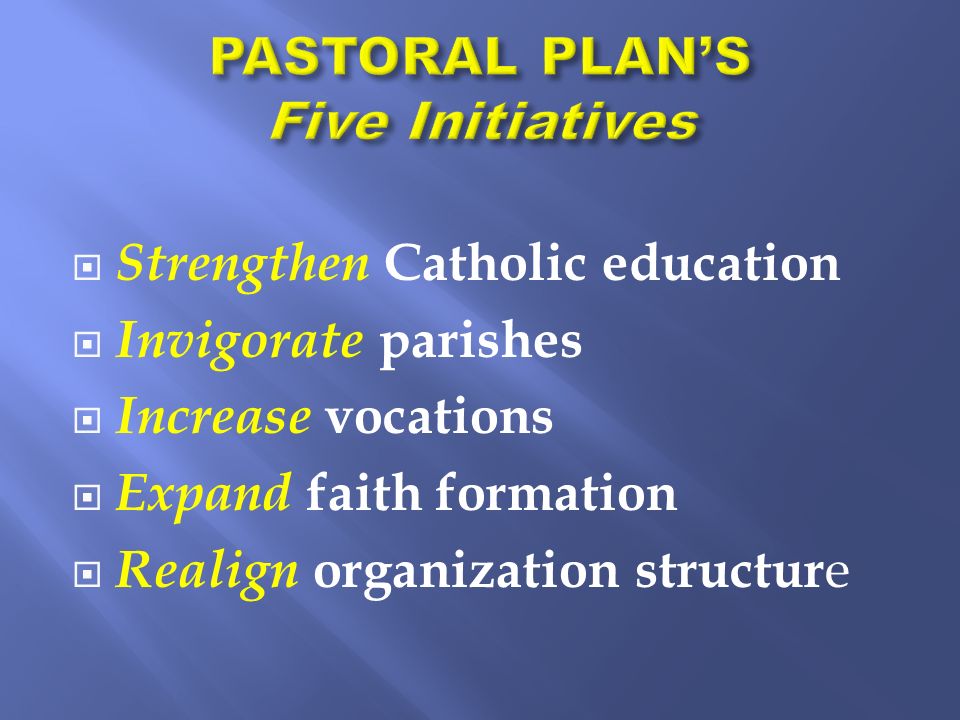  Strengthen Catholic education  Invigorate parishes  Increase vocations  Expand faith formation  Realign organization structur e