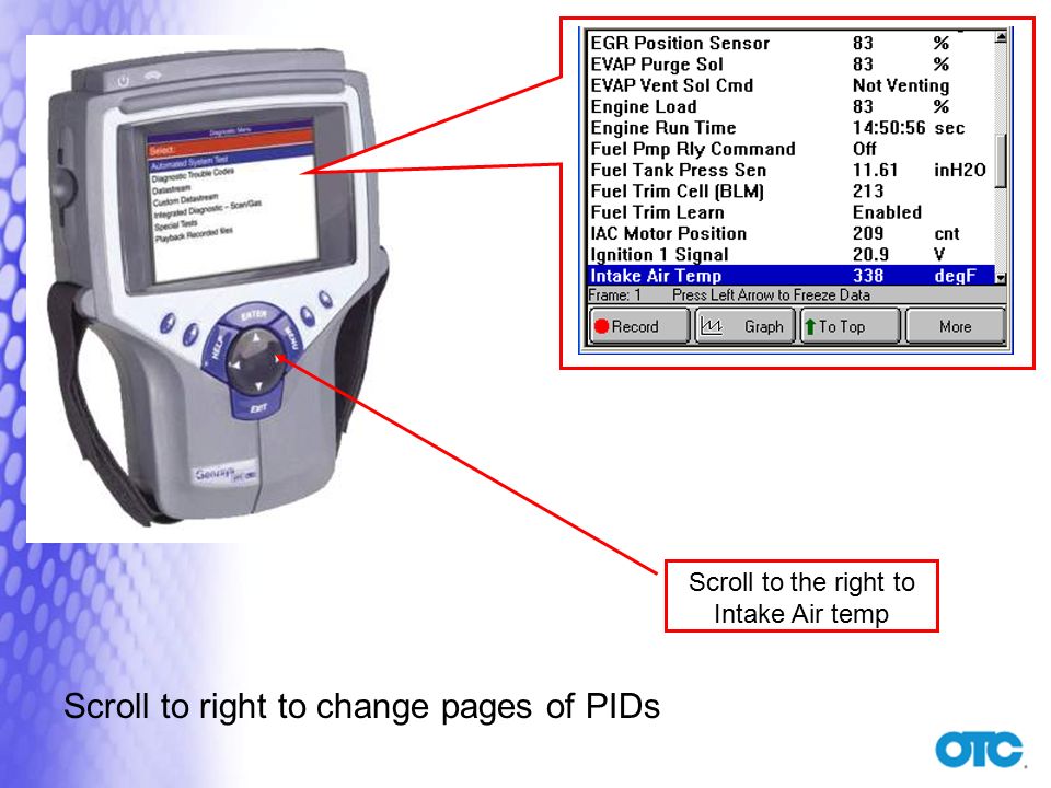 Scroll to the right to Intake Air temp Scroll to right to change pages of PIDs
