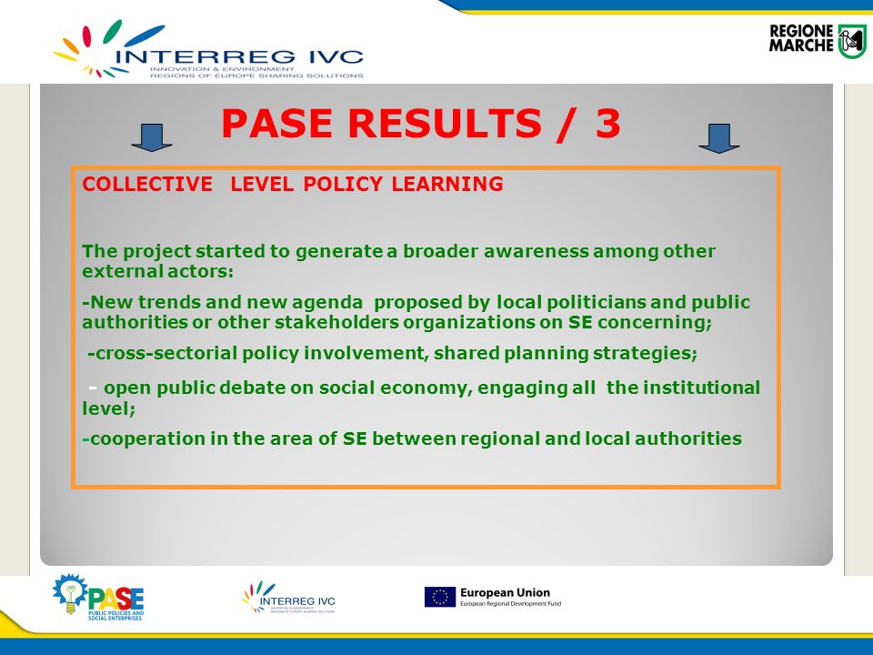 PASE RESULTS / 3 COLLECTIVE LEVEL POLICY LEARNING The project started to generate a broader awareness among other external actors: -New trends and new agenda proposed by local politicians and public authorities or other stakeholders organizations on SE concerning; -cross-sectorial policy involvement, shared planning strategies; - open public debate on social economy, engaging all the institutional level; -cooperation in the area of SE between regional and local authorities