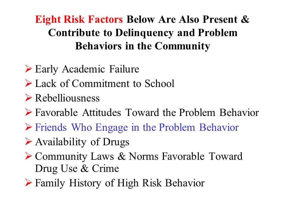 Eight Risk Factors Below Are Also Present & Contribute to Delinquency and Problem Behaviors in the Community  Early Academic Failure  Lack of Commitment to School  Rebelliousness  Favorable Attitudes Toward the Problem Behavior  Friends Who Engage in the Problem Behavior  Availability of Drugs  Community Laws & Norms Favorable Toward Drug Use & Crime  Family History of High Risk Behavior
