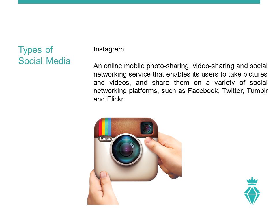 Instagram An online mobile photo-sharing, video-sharing and social networking service that enables its users to take pictures and videos, and share them on a variety of social networking platforms, such as Facebook, Twitter, Tumblr and Flickr.