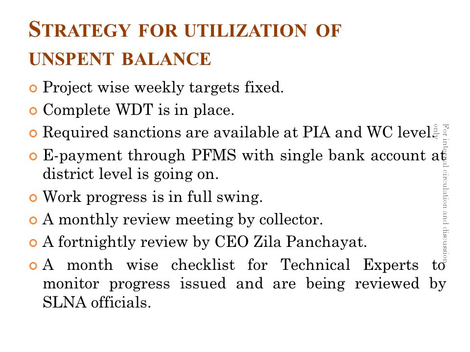 S TRATEGY FOR UTILIZATION OF UNSPENT BALANCE Project wise weekly targets fixed.