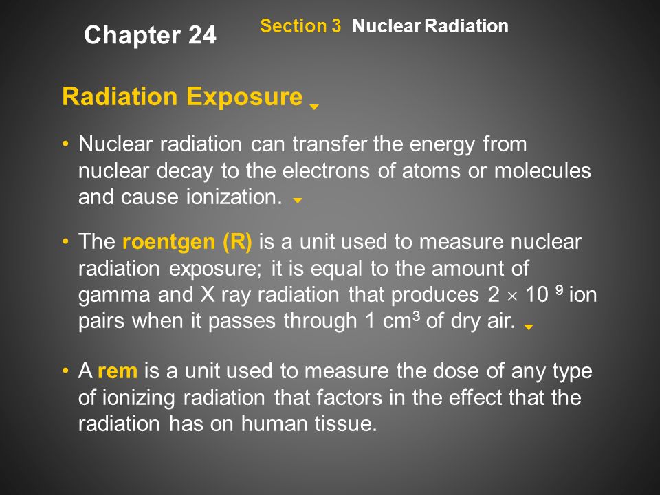 Radiation Exposure Nuclear radiation can transfer the energy from nuclear decay to the electrons of atoms or molecules and cause ionization.