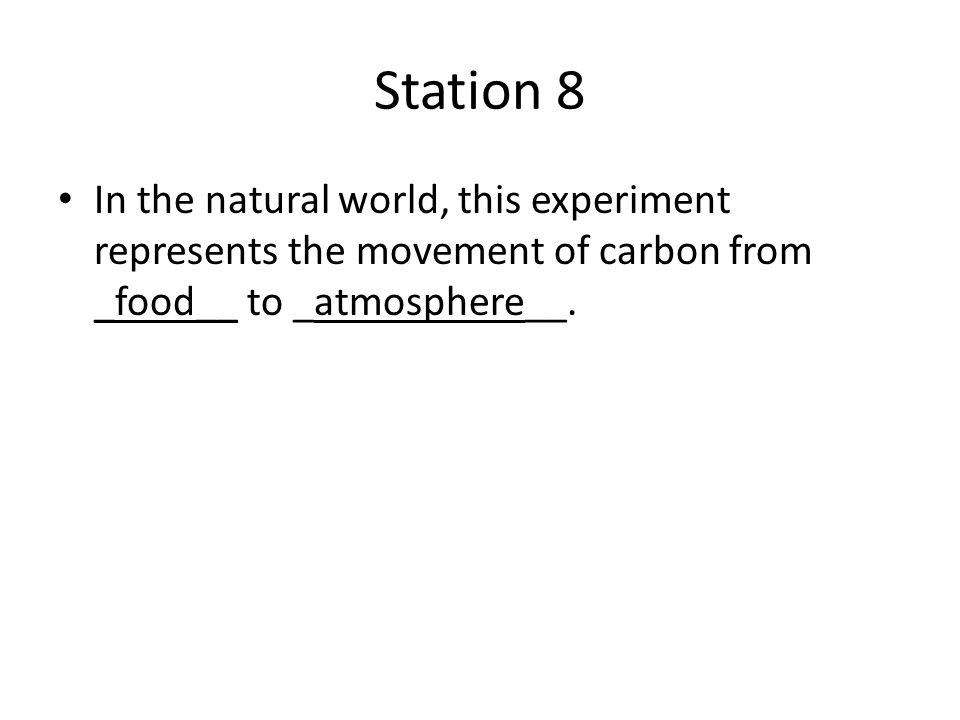 Station 8 In the natural world, this experiment represents the movement of carbon from _food__ to _atmosphere__.