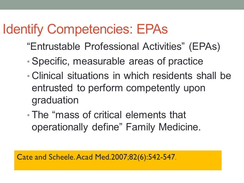 Identify Competencies: EPAs Entrustable Professional Activities (EPAs) Specific, measurable areas of practice Clinical situations in which residents shall be entrusted to perform competently upon graduation The mass of critical elements that operationally define Family Medicine.