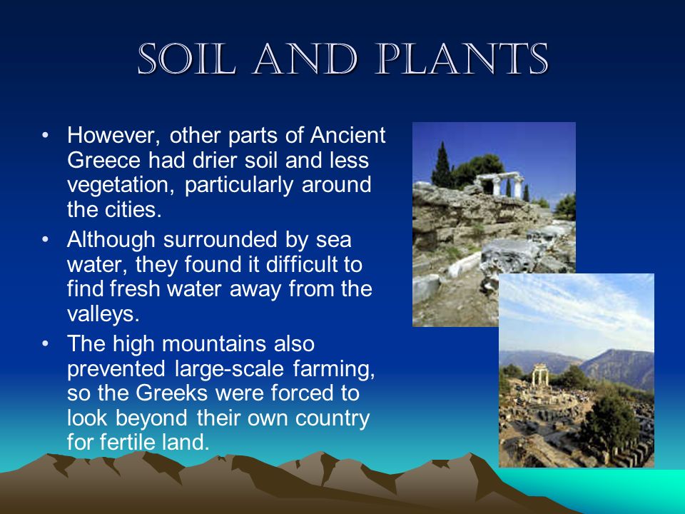 Soil and plants However, other parts of Ancient Greece had drier soil and less vegetation, particularly around the cities.