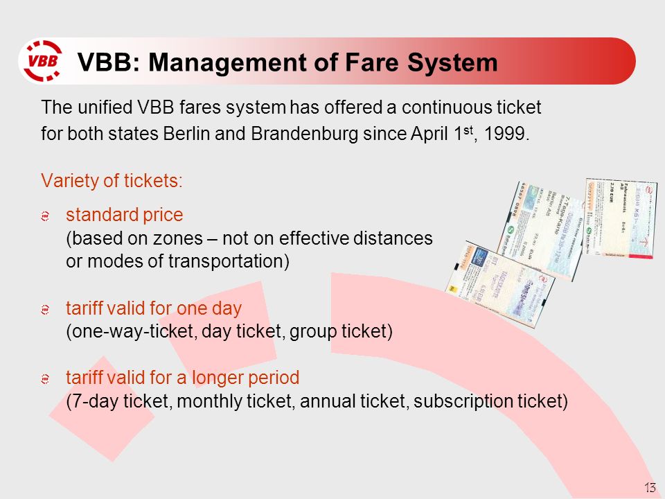 13 VBB: Management of Fare System The unified VBB fares system has offered a continuous ticket for both states Berlin and Brandenburg since April 1 st, 1999.