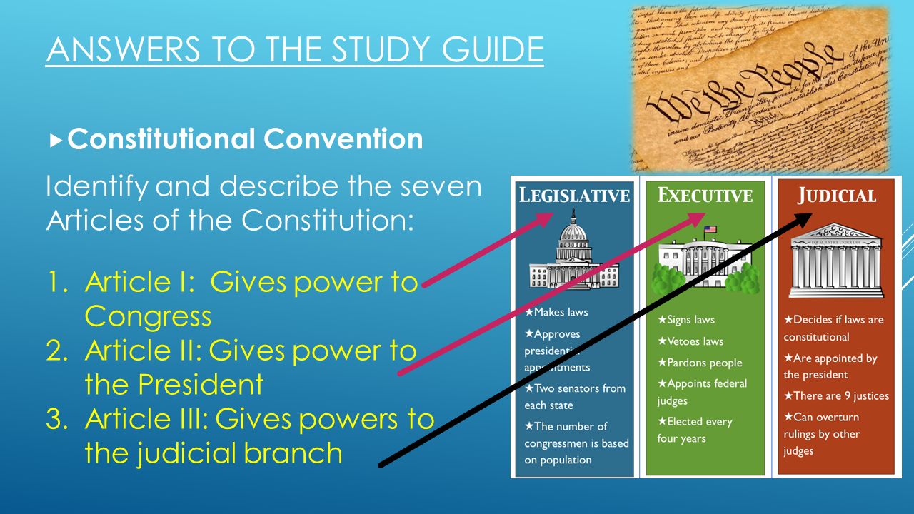 ANSWERS TO THE STUDY GUIDE  Constitutional Convention Identify and describe the seven Articles of the Constitution: 1.Article I: Gives power to Congress 2.Article II: Gives power to the President 3.Article III: Gives powers to the judicial branch