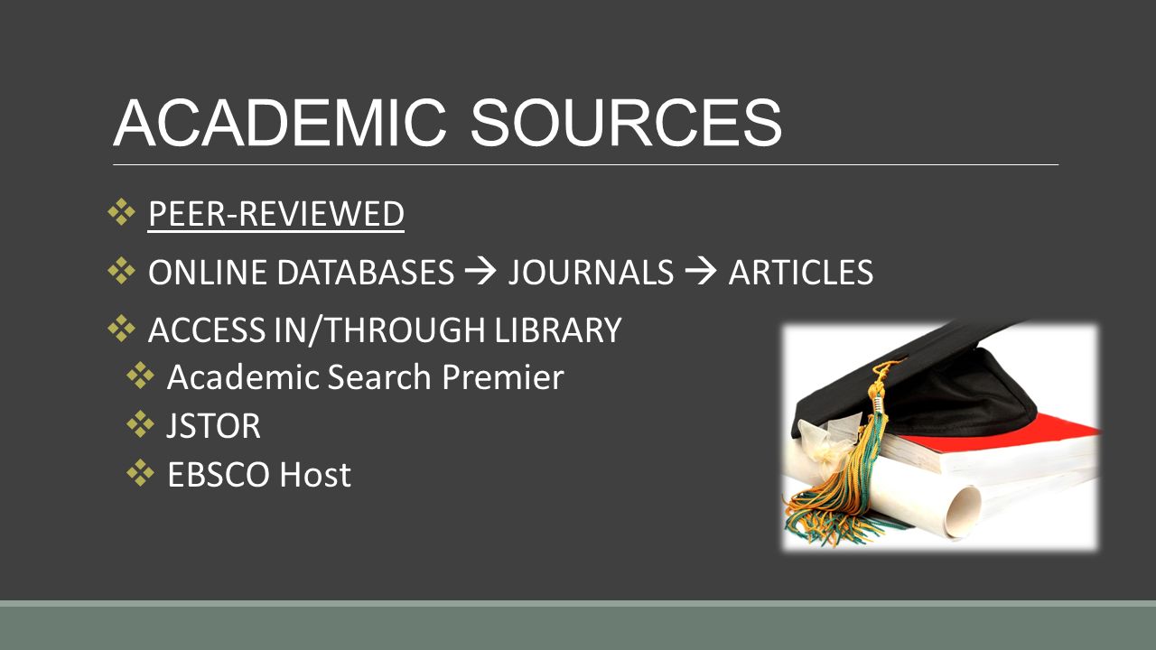 ACADEMIC SOURCES  PEER-REVIEWED  ONLINE DATABASES  JOURNALS  ARTICLES  ACCESS IN/THROUGH LIBRARY  Academic Search Premier  JSTOR  EBSCO Host