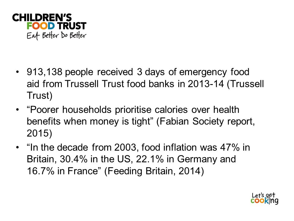 913,138 people received 3 days of emergency food aid from Trussell Trust food banks in (Trussell Trust) Poorer households prioritise calories over health benefits when money is tight (Fabian Society report, 2015) In the decade from 2003, food inflation was 47% in Britain, 30.4% in the US, 22.1% in Germany and 16.7% in France (Feeding Britain, 2014)