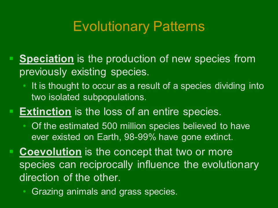 Evolutionary Patterns  Speciation is the production of new species from previously existing species.