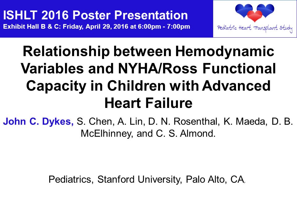 ISHLT 2016 Poster Presentation Exhibit Hall B & C: Friday, April 29, 2016 at 6:00pm - 7:00pm Relationship between Hemodynamic Variables and NYHA/Ross Functional Capacity in Children with Advanced Heart Failure John C.