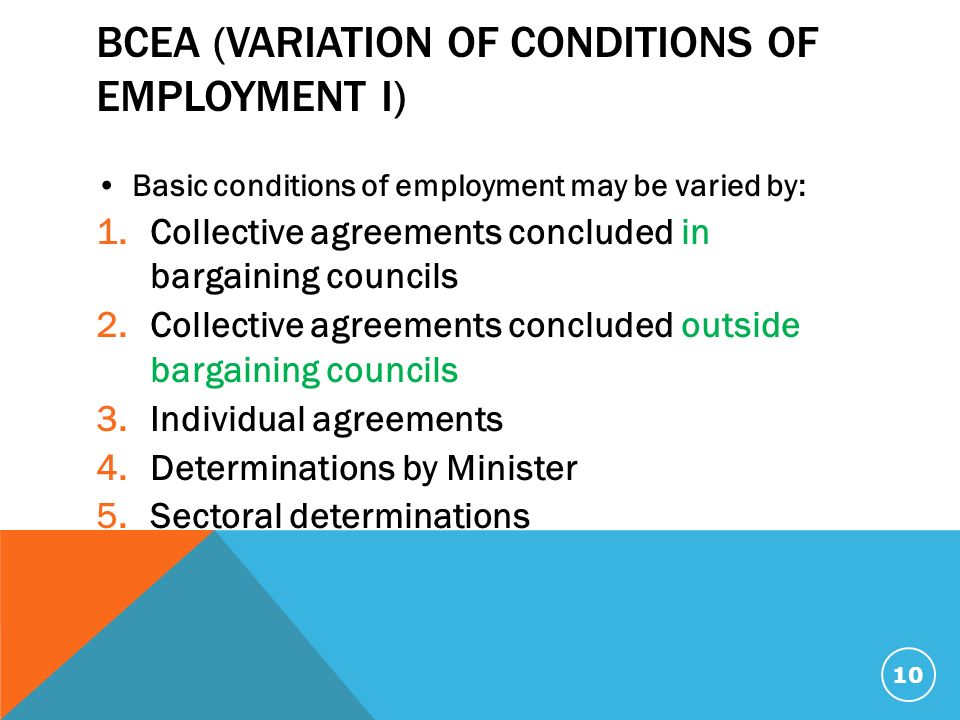 BCEA (VARIATION OF CONDITIONS OF EMPLOYMENT I) Basic conditions of employment may be varied by: 1.Collective agreements concluded in bargaining councils 2.Collective agreements concluded outside bargaining councils 3.Individual agreements 4.Determinations by Minister 5.Sectoral determinations 10
