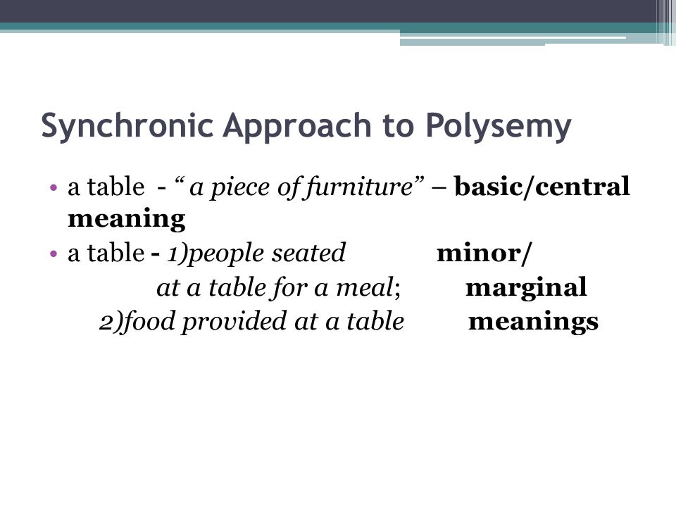 Synchronic Approach to Polysemy a table - a piece of furniture – basic/central meaning a table - 1)people seated minor/ at a table for a meal; marginal 2)food provided at a table meanings
