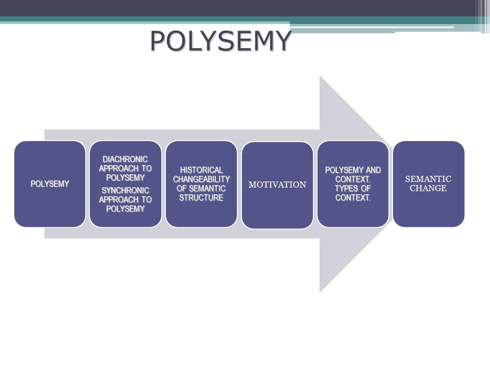 POLYSEMY POLYSEMY DIACHRONIC APPROACH TO POLYSEMY SYNCHRONIC APPROACH TO POLYSEMY HISTORICAL CHANGEABILITY OF SEMANTIC STRUCTURE MOTIVATION POLYSEMY AND CONTEXT.